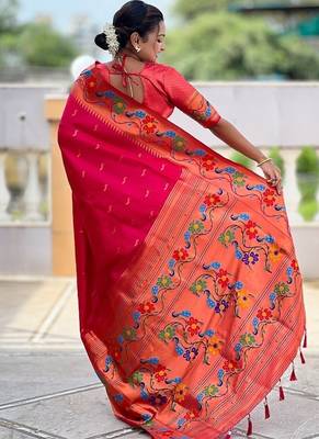 Ranipink silk blend saree with peacock motif zari border 2