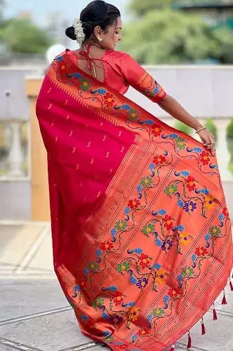 Ranipink silk blend saree with peacock motif zari border