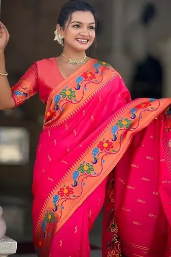 Ranipink silk blend saree with peacock motif zari border