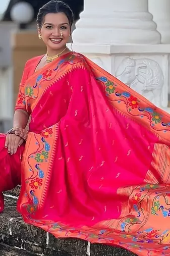 Ranipink silk blend saree with peacock motif zari border