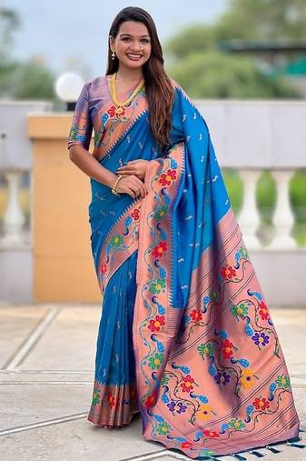 Skyblue silk blend saree with peacock motif zari border