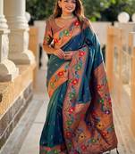 Teal silk blend saree with peacock motif zari border