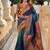 Teal silk blend saree with peacock motif zari border