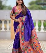 Violet silk blend saree with peacock motif zari border
