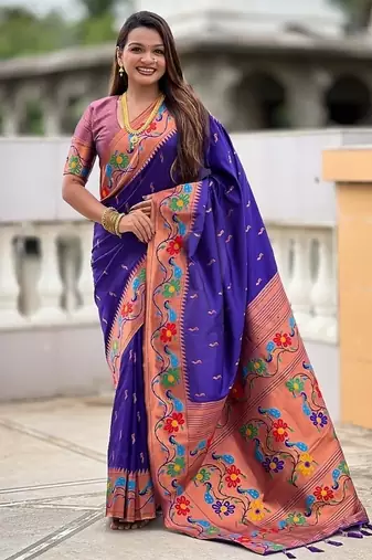 Violet silk blend saree with peacock motif zari border