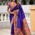 Violet silk blend saree with peacock motif zari border
