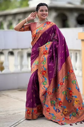 Wine silk blend saree with peacock motif zari border
