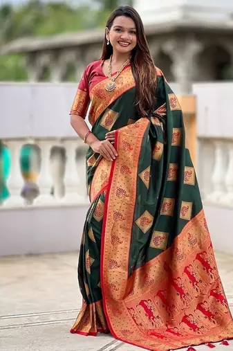 Festive green banarasi silk blend saree with colorful meenakari border