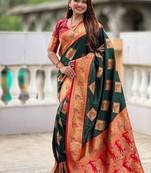 Festive green banarasi silk blend saree with colorful meenakari border