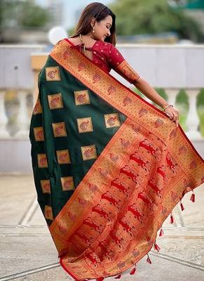 Festive green banarasi silk blend saree with colorful meenakari border 2