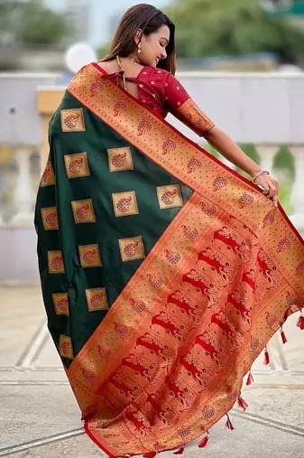 Festive green banarasi silk blend saree with colorful meenakari border