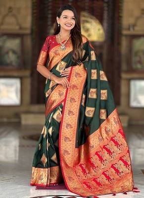 Festive green banarasi silk blend saree with colorful meenakari border 3