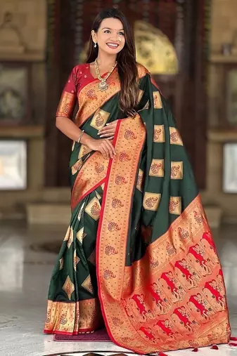 Festive green banarasi silk blend saree with colorful meenakari border