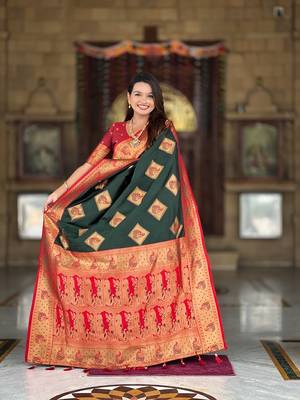 Festive green banarasi silk blend saree with colorful meenakari border 4