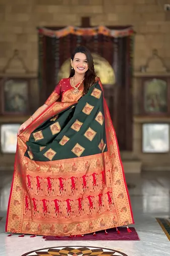 Festive green banarasi silk blend saree with colorful meenakari border