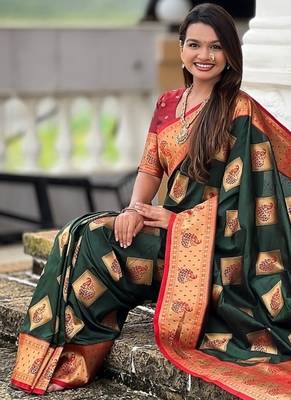 Festive green banarasi silk blend saree with colorful meenakari border 5