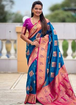 Festive firozi banarasi silk blend saree with colorful meenakari border 1