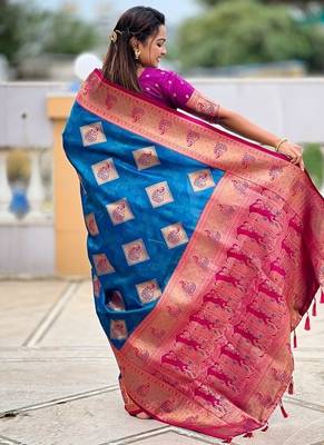 Festive firozi banarasi silk blend saree with colorful meenakari border 2