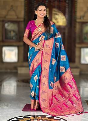 Festive firozi banarasi silk blend saree with colorful meenakari border 3