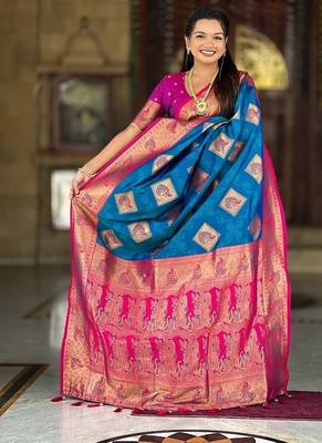 Festive firozi banarasi silk blend saree with colorful meenakari border 4