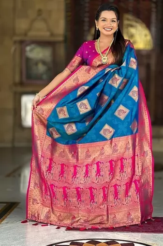 Festive firozi banarasi silk blend saree with colorful meenakari border