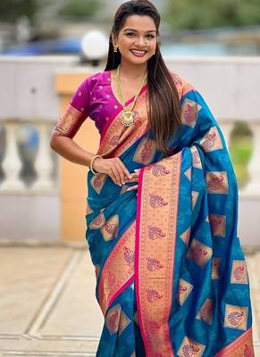 Festive firozi banarasi silk blend saree with colorful meenakari border 5