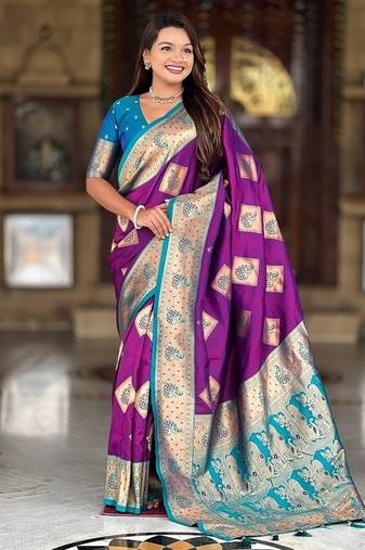 Festive magenta banarasi silk blend saree with colorful meenakari border