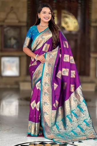 Festive magenta banarasi silk blend saree with colorful meenakari border