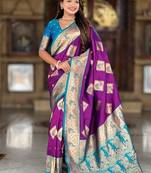 Festive magenta banarasi silk blend saree with colorful meenakari border