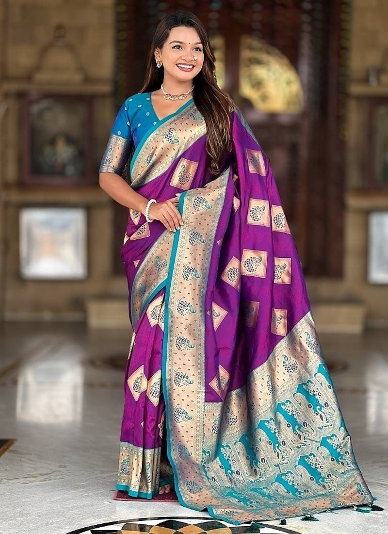 Festive magenta banarasi silk blend saree with colorful meenakari border