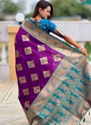 Festive magenta banarasi silk blend saree with colorful meenakari border 2
