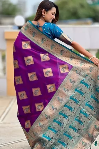 Festive magenta banarasi silk blend saree with colorful meenakari border