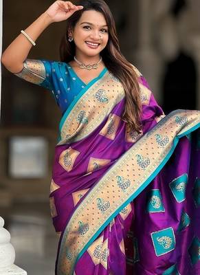Festive magenta banarasi silk blend saree with colorful meenakari border 3