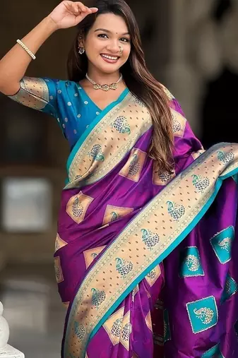 Festive magenta banarasi silk blend saree with colorful meenakari border