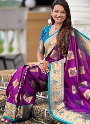 Festive magenta banarasi silk blend saree with colorful meenakari border 4