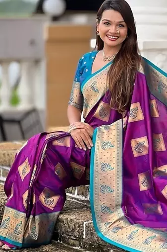 Festive magenta banarasi silk blend saree with colorful meenakari border