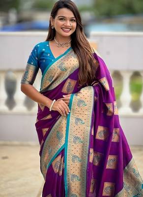 Festive magenta banarasi silk blend saree with colorful meenakari border 5