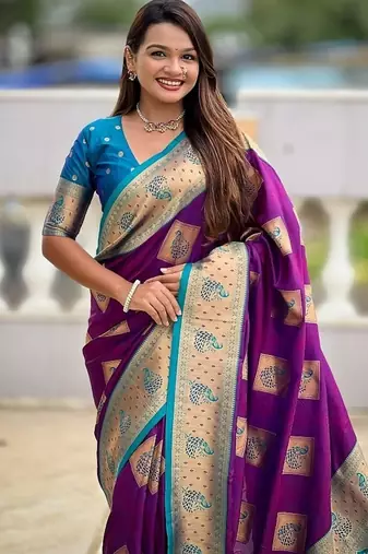 Festive magenta banarasi silk blend saree with colorful meenakari border