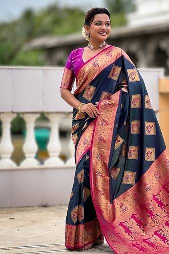 Festive teal banarasi silk blend saree with colorful meenakari border