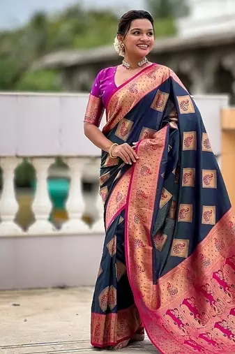 Festive teal banarasi silk blend saree with colorful meenakari border