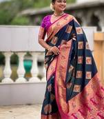 Festive teal banarasi silk blend saree with colorful meenakari border