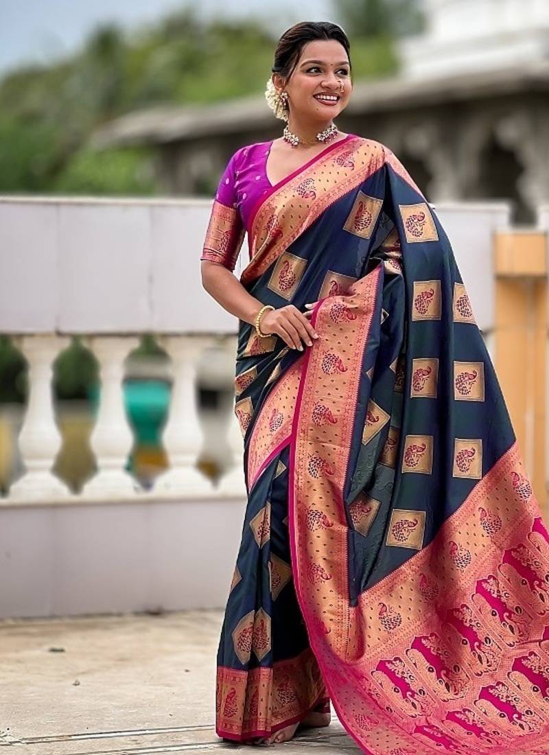 Festive teal banarasi silk blend saree with colorful meenakari border