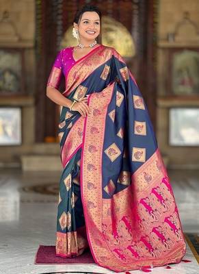 Festive teal banarasi silk blend saree with colorful meenakari border 3