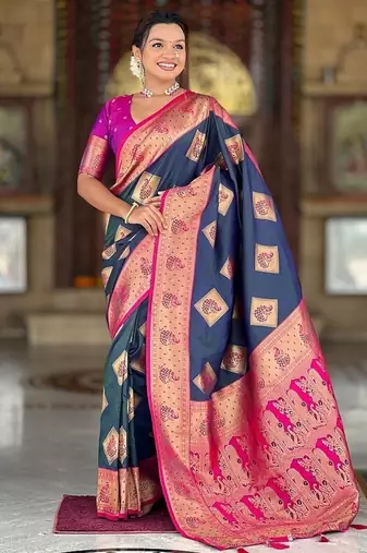 Festive teal banarasi silk blend saree with colorful meenakari border
