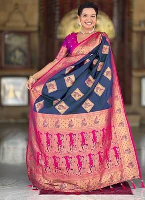 Festive teal banarasi silk blend saree with colorful meenakari border 4