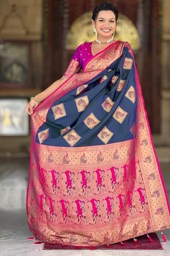 Festive teal banarasi silk blend saree with colorful meenakari border