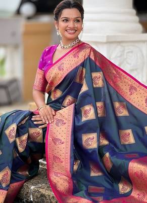 Festive teal banarasi silk blend saree with colorful meenakari border 5