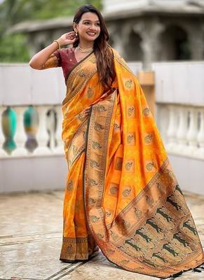 Festive mustard banarasi silk blend saree with colorful meenakari border 1