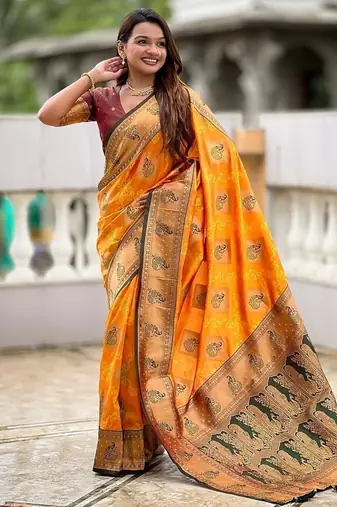 Festive mustard banarasi silk blend saree with colorful meenakari border