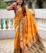Festive mustard banarasi silk blend saree with colorful meenakari border